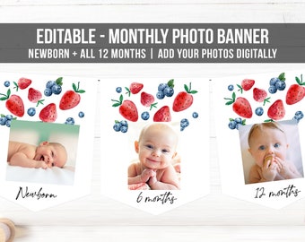 Editable Strawberry First Birthday Monthly Photo Banner Blueberry First Birthday Farmers Market Fruit Corjl Download Template Printable 0399