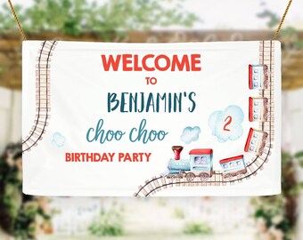 Editable Train Birthday Backdrop Banner Train Party Railroad Vintage Train Welcome Sign Red Blue Boy Download Corjl Template Printable 0149