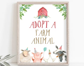 Adopt a Farm Animal Party Sign Farm Birthday Sign Favors Barnyard Birthday Farm Animals Boy Red Favor Sign Farm Party Printable 0155