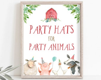 Farm Animals Party Sign Party Hats Sign Farm Birthday Sign Zoo Barnyard Birthday Farm Decor Boy Decorations Sign Party PRINTABLE 0155