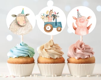 Barnyard Birthday Cupcake Toppers Favor Tags Farm Birthday Party Decor Blue Tractor Farm Animals Stickers Download Digital PRINTABLE 0155