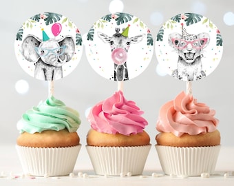 Partytiere Cupcake Topper Favor Tags Geburtstagsparty Dekoration Safari Tiere Zoo Geburtstag Wild One download Digital PRINTABLE 0322