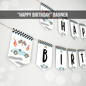 Happy Birthday Banner Race Car Banner Boy Race Car Birthday Decorations Growing Up Two Fast Blue Instant download PRINTABLE DIGITAL DIY 0424