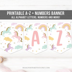 Unicorn Birthday Banner A-Z Alphabet Numbers Banner First Happy Birthday Banner Girl Magical Pink Gold Decor Instant Download Printable 0426