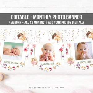 Editable Fairy First Birthday Monthly Photo Banner Fairy Forest 1st Birthday Magical Fairy Garden Tea Corjl Download Template Printable 0406