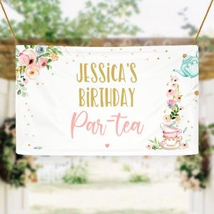 Editable Tea Birthday Backdrop Tea for Two Birthday Girl Pink Gold Floral Tea Party Par-tea Whimsical Tea Corjl Template Printable 0349 image 1