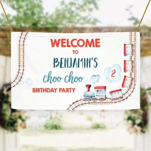 Editable Train Birthday Backdrop Banner Train Party Railroad Vintage Train Welcome Sign Red Blue Boy Download Corjl Template Printable 0149