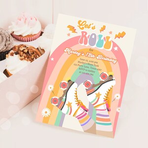 Editable Retro Roller Skate Birthday Party Invitation Let&#39;s Roll Skating Kids Rainbow 70&#39;s Skate Invite Download Template Corjl Digital 0435