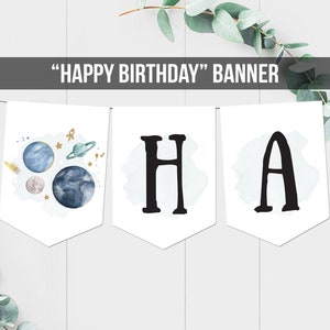May include: A printable banner with the words "HAPPY BIRTHDAY" in black text on a white background. The banner is decorated with blue and grey watercolour planets, stars, and a rocket ship.