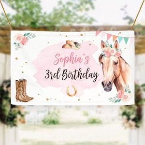 Editable Horse Birthday Backdrop Saddle Up Watercolor Cowgirl Party Girl Pony Birthday Decor Horse Party Sign Corjl Template Printable 0398