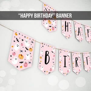 Happy Birthday Banner Halloween Birthday Banner Pink Ghost Birthday Party Halloween Decor Girl Pink 1st Download PRINTABLE DIGITAL DIY 0418