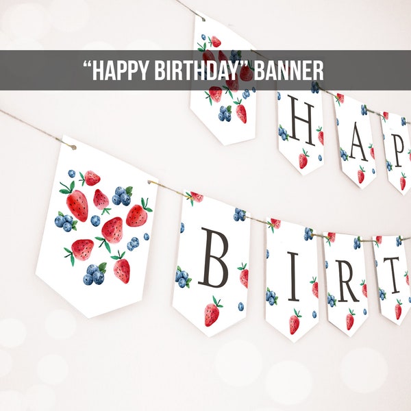 Happy Birthday Banner Strawberry Blueberry Banner Berry First Birthday Girl Decor Berry Sweet 1st Download PRINTABLE DIGITAL DIY 0399