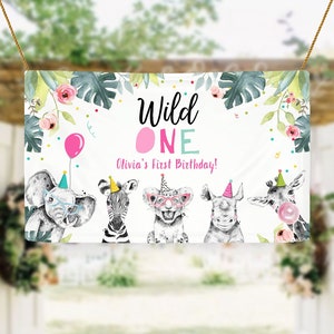 Editable Party Animals Birthday Backdrop Banner Safari Animals Wild One First Birthday Welcome Sign Digital Download Template Printable 0322