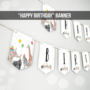 Alles Gute zum Geburtstag Banner Party Tiere Safaritiere Wild One Birthday Zoo Dekoration Junge Mädchen Dschungel Sofort download DRUCKBAR DIGITAL 0142