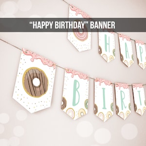 Happy Birthday Banner Donut Birthday Banner Girl Pink Pastel Donut Party Doughnut Decor Two Sweet One Download PRINTABLE DIGITAL DIY 0320
