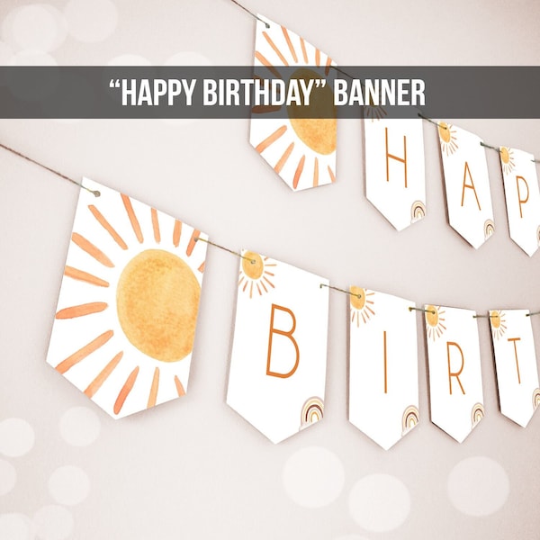 Zon Happy Birthday Banner eerste reis rond de zon Bunting Sunshine Banner Sunshine verjaardag Decor neutrale Garland afdrukbare digitale 0431