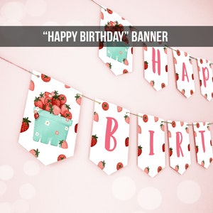 Happy Birthday Banner Strawberry Birthday Banner Girl Strawberries Decorations Berry First 1st Instant download PRINTABLE DIGITAL DIY 0506
