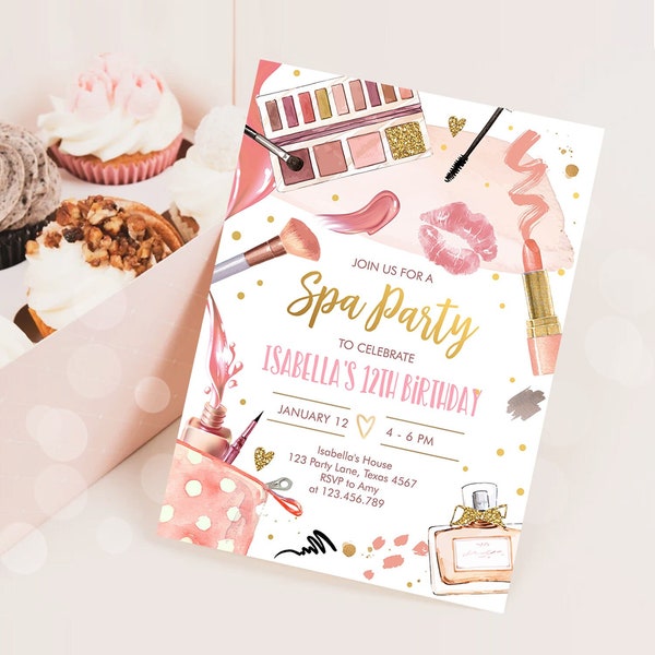 Editable Spa Makeup Birthday Invitation Glam Party Girl Birthday Tween Spa Party Invite Pink Gold Download Printable Template Corjl 0420