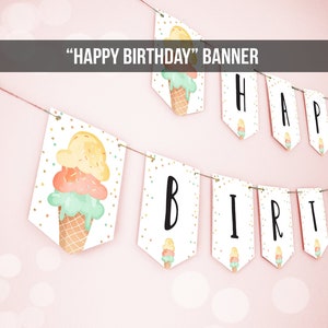 Banner de feliz aniversário, sorvete, festa de aniversário, sorvete de menta, festa de aniversário de menina, decorações para download instantâneo, DIGITAL PARA IMPRIMIR, DIY 0243