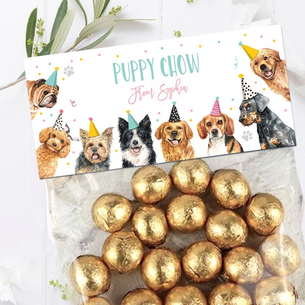 Editable Puppy Chow Bag Toppers Dog Puppy Birthday Treat Bag Toppers Pet Favor Bag Girl Birthday Vet Shelter Corjl Template Printable 0384