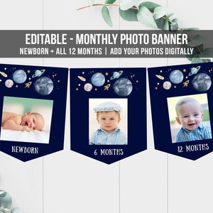 Editable Outer Space Birthday Banner Monthly Photo Banner First Trip Around the Sun Galaxy Digital Download Corjl Template Printable 0357 image 1