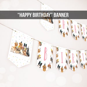 Faixa de feliz aniversário para cachorro Faixa de aniversário para filhotes Pawty Girl Decoração Animal de estimação Veterinário Festa para filhotes Cães 1º download digital instantâneo para impressão 0384