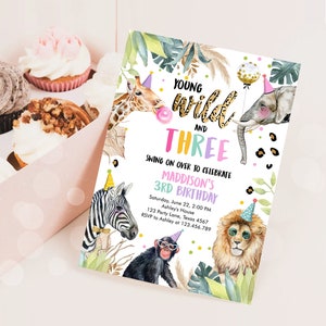 Editable Young Wild and Three Invitation Girl Pink and Gold Safari Animals Zoo Instant Download Printable Template Digital Corjl 0417