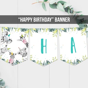 Happy Birthday Banner Safari Animals Blue Teal Party Animals Wild One Birthday Boy Zoo Decorations Instant download PRINTABLE DIGITAL 0322