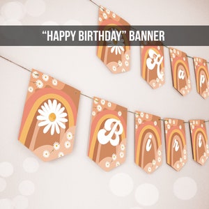Happy Birthday Banner Daisy Birthday Banner Girl Groovy Birthday Party Decor Boho Retro Floral 70&#39;s Hippie Download Printable Digital 0428