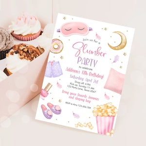 Editable Slumber Party Birthday Invitation Sleepover Birthday Invite Pink Girl Spa Tween Teen Digital Download Printable Template Corjl 0447