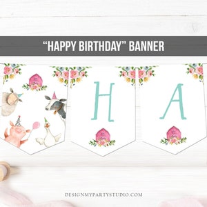 Happy Birthday Banner Pink Farm Animals Birthday Banner Party Animals Girl Barnyard Decorations Instant Digital Download Printable 0155