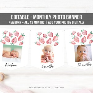 Editable Strawberry First Birthday Monthly Photo Banner Strawberry Birthday Farmers Market Berry First Download Template Printable 0399