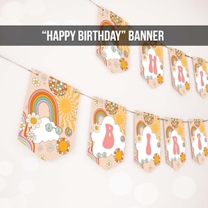 Happy Birthday Banner Daisy Birthday Banner Girl Groovy Birthday Party Decor Boho Retro Floral 70&#39;s Hippie Download PRINTABLE DIGITAL 0459