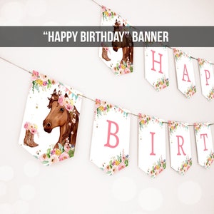 Happy Birthday Banner Horse Birthday Banner Saddle Up Watercolor Cowgirl Party Girl Pony Birthday Decor Download PRINTABLE DIGITAL DIY 0408