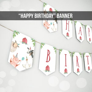 Happy Birthday Banner Farm Birthday Banner Farm Animals Boy Barnyard Birthday Decorations Red Instant download PRINTABLE DIGITAL DIY 0155