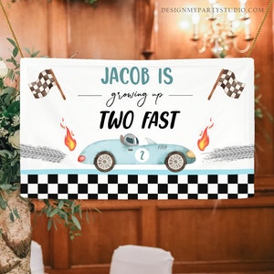 Editable Racing Car Backdrop Banner Growing Up Two Fast Birthday Boy 2nd Second 2 Fast Boy Instant Download Corjl Template Printable 0424