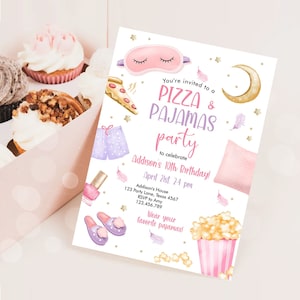 Invito di compleanno modificabile per pizza e pigiama, serata al cinema, festa per ragazze, rosa, adolescenti, pigiama party, modello digitale Corjl stampabile 0447