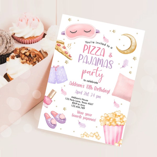 Editable Pizza and Pajamas Birthday Invitation Movie Night Party Girl Pink Teen Tween Slumber Party Digital Corjl Template Printable 0447