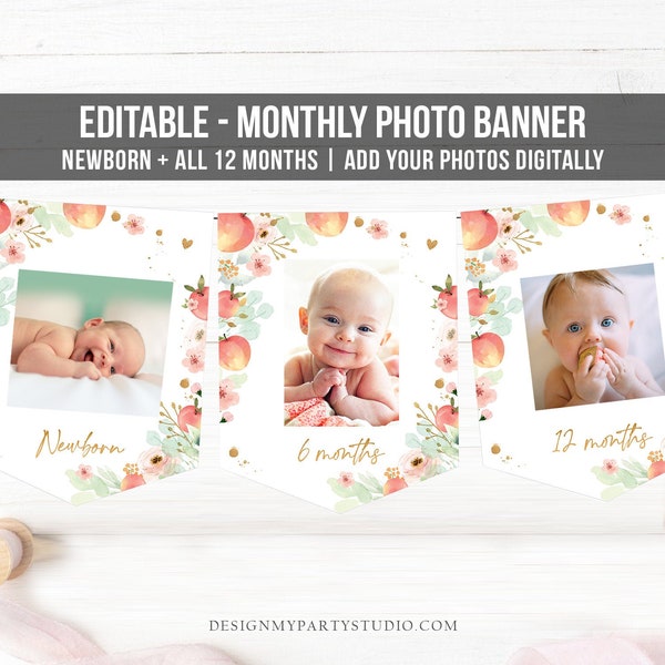 Editable Peach First Birthday Monthly Photo Banner One Sweet Peach Birthday Sweet As a Peach Fruit Corjl Download Template Printable 0401