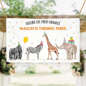 Editable Party Animals Birthday Backdrop Banner Safari Animals Boy Wild One Two Wild Welcome Sign Download Digital Template Printable 0142