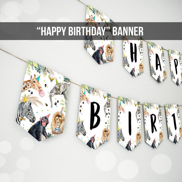 Happy Birthday Banner Party Animals Safari Animals Wild One Birthday Zoo Decorations Lion Boy Girl Jungle Download PRINTABLE DIGITAL 0417