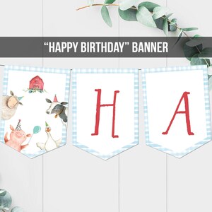Banner de feliz cumpleaños Banner de cumpleaños de granja Animales de granja Niño Decoraciones de cumpleaños de corral Cuadros azules Descarga digital Imprimible 0155
