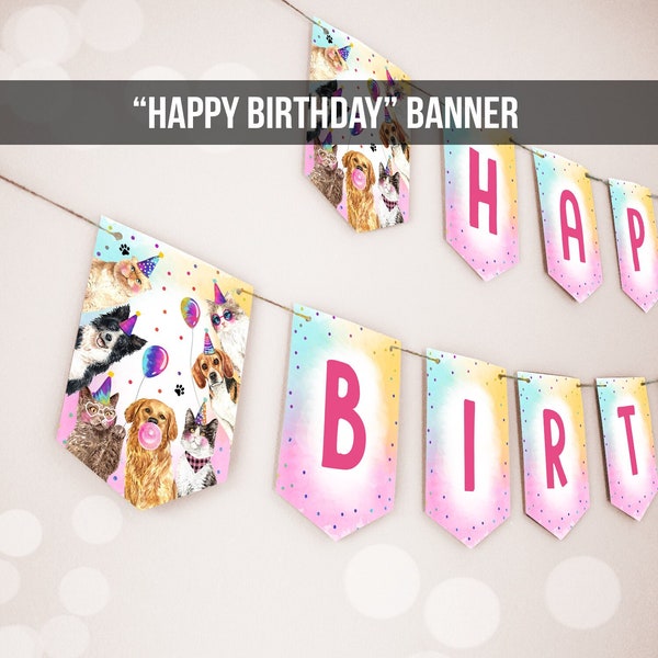 Happy Birthday Banner Party Animals Cats and Dogs Animals Puppy Birthday Kitten Birthday Pawty Decor Instant download PRINTABLE DIGITAL 0460