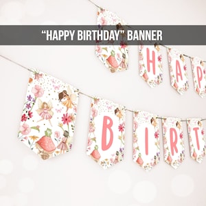 Happy Birthday Banner Fairy Birthday Girl Fairy First Birthday Decorations Fairy Garden Magical Tea Download PRINTABLE DIGITAL DIY 0406