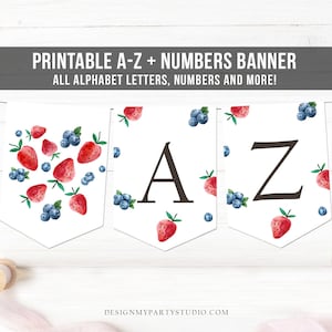 Strawberry Blueberry Alphabet Banner Letters A to Z Numbers Birthday Banner Berry Sweet Party Decor Baby Shower Banner DIY Printable 0399