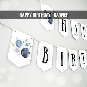 Gelukkige verjaardag banner kosmische planeten banner jongen Galaxy eerste verjaardagsversieringen raket Instant download AFDRUKBARE digitale DIY 0357