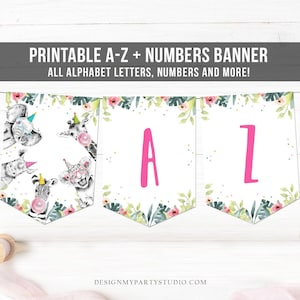 Safari Party Animals Birthday Banner A-Z Alphabet Numbers Banner First 1st Girl Safari Animals Decor Digital Download Printable 0322