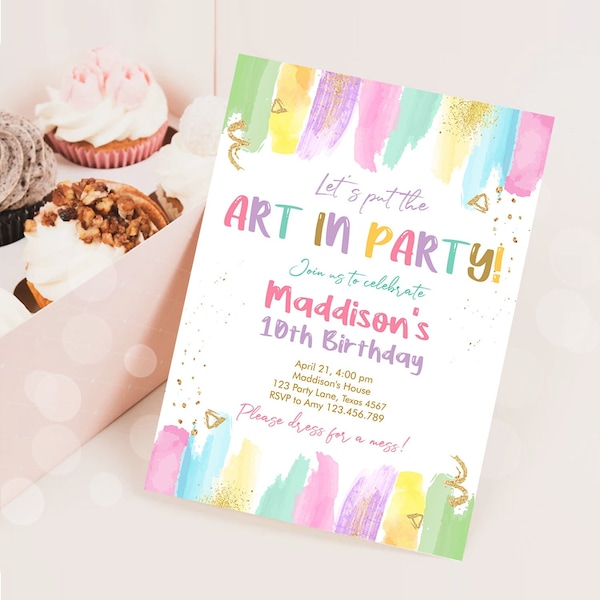 Editable Art Party Invitation Art Birthday Invite Painting Party Craft Party Rainbow Pastel Download Printable Template Digital Corjl 0450