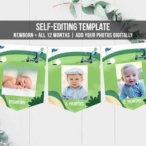 Editable Hole in One Birthday Banner Monthly Photo Banner Golf 1st Birthday Par-tee Golfing Digital Download Corjl Template Printable 0405