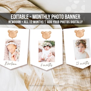 Banner modificabile per il primo compleanno dell'orso Banner fotografico mensile Orso moderno 1° compleanno Orsacchiotto Picnic Bambina Ragazzo Corjl Modello stampabile 0439